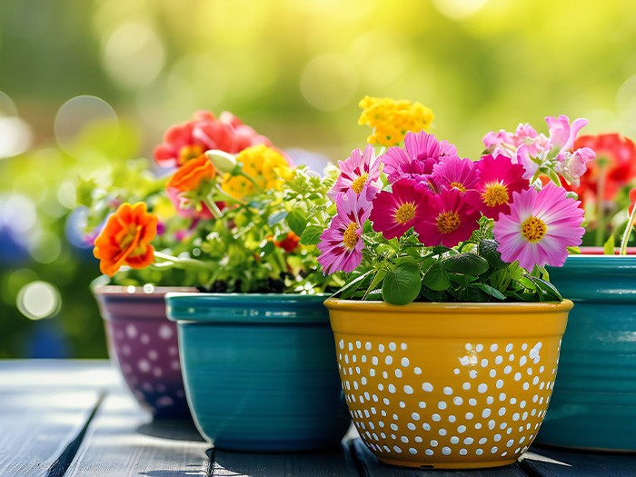 Brightly painted pots.